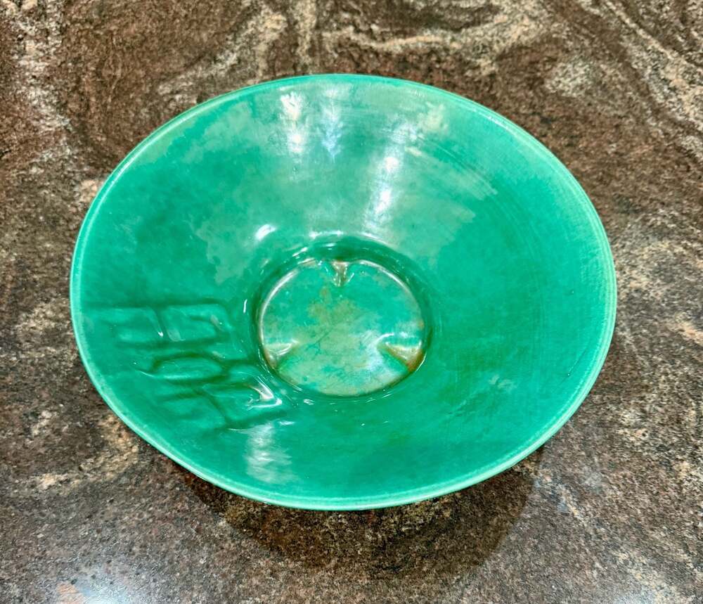 Cowan Jade Green Art Deco Console PedestalBowl with Geometric Embellishment